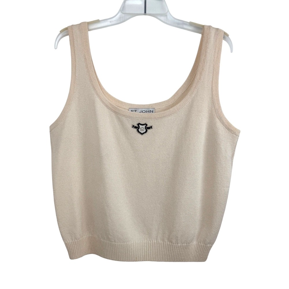 St John Collection Santana Knit Tank Top Cream Shell L Logo Crest Sleeveless